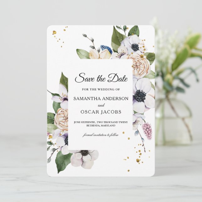 Modern Elegant Floral Frame & Gold Drops Save The Date (Standing Front)