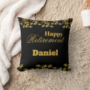 Modern Elegant Floral Gold Black Retirement Party  Cushion