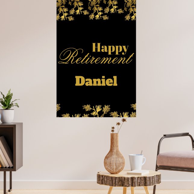 Modern Elegant Floral Gold Black Retirement Party  Poster (Living Room 3)