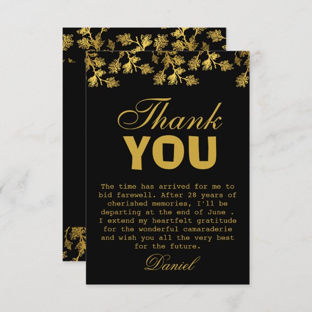 Modern Elegant Floral Gold Black Retirement Party  Thank You Card (Front/Back)