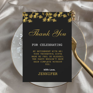 Modern Elegant Floral Gold Black Retirement Party Thank You Card
