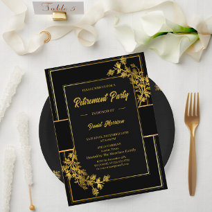 Modern Elegant Floral Gold Black Retirement Party Thank You Card