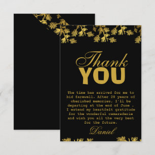 Modern Elegant Floral Gold Black Retirement Party  Thank You Card