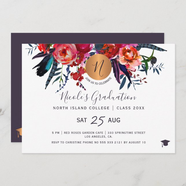 Modern elegant floral gold chic graduation party invitation (Front/Back)