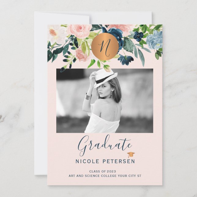 Modern elegant floral gold graduation photo announcement (Front)