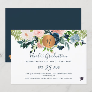 Modern elegant floral gold navy graduation party invitation