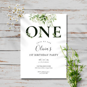 Modern Elegant Floral Greenery 1st Birthday Invitation