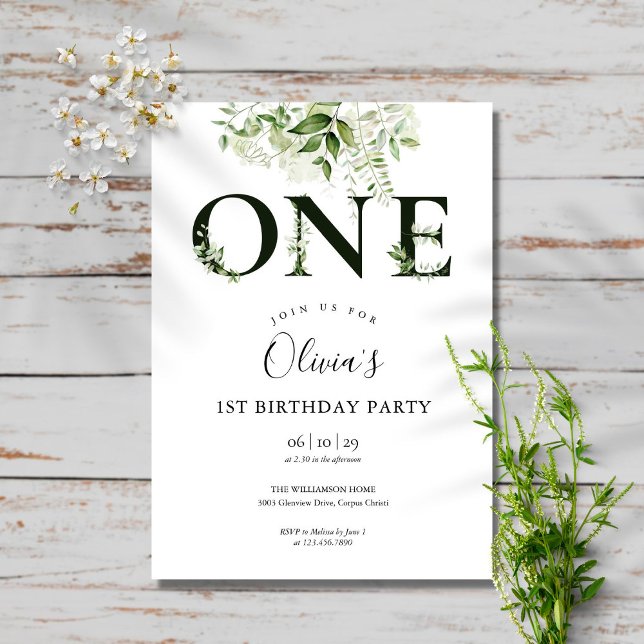 Modern Elegant Floral Greenery 1st Birthday Invitation (Creator Uploaded)