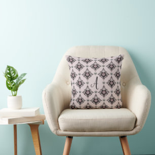 Modern Elegant Floral Lavender Damask Monogram Cushion