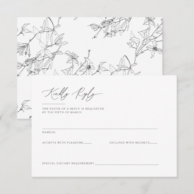 Modern Elegant Floral Line Art Wedding RSVP Card (Front/Back)