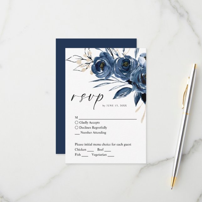 Modern Elegant Floral Navy Blue Script Wedding RSVP Card (Front/Back In Situ)