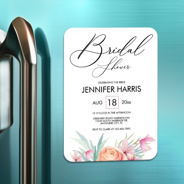 Modern Elegant Floral Pink Rose Bridal Shower Magnet (Creator Uploaded)