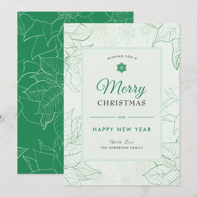 Modern Elegant Floral Poinsettia Green Christmas Holiday Card (Front/Back)