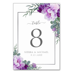 Modern Elegant Floral Purple & Silver Wedding Table Number