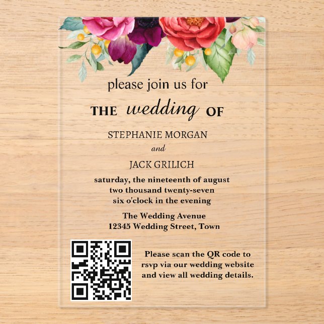 Modern Elegant Floral QR Code Budget Wedding Acrylic Invitations (Front)