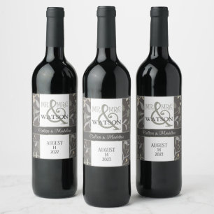 Modern Elegant Floral Sprigs Mr. & Mrs. Wedding Wine Label