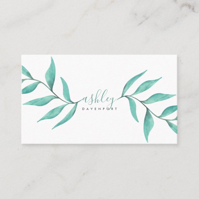 Modern elegant floral turquoise watercolor flowers business card (Front)