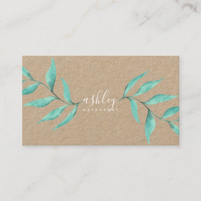 Modern elegant floral turquoise watercolor kraft business card (Front)