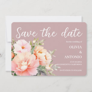 Modern Elegant  Floral Watercolor Peony Dusty Rose Save The Date