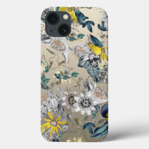 Modern Elegant Floral Yellow Silver Grey iPhone 13 Case