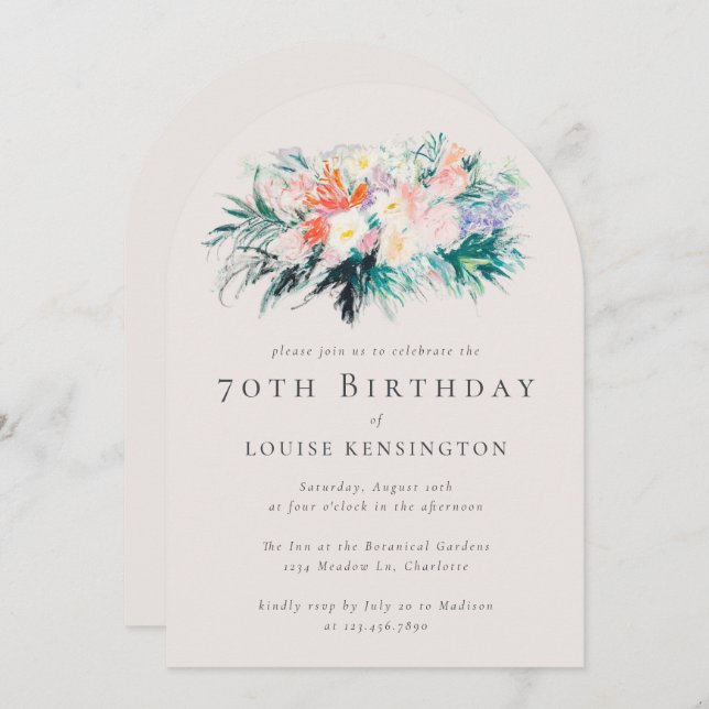 Modern Elegant Flowers Bouquet 70th Birthday Invitation (Front/Back)