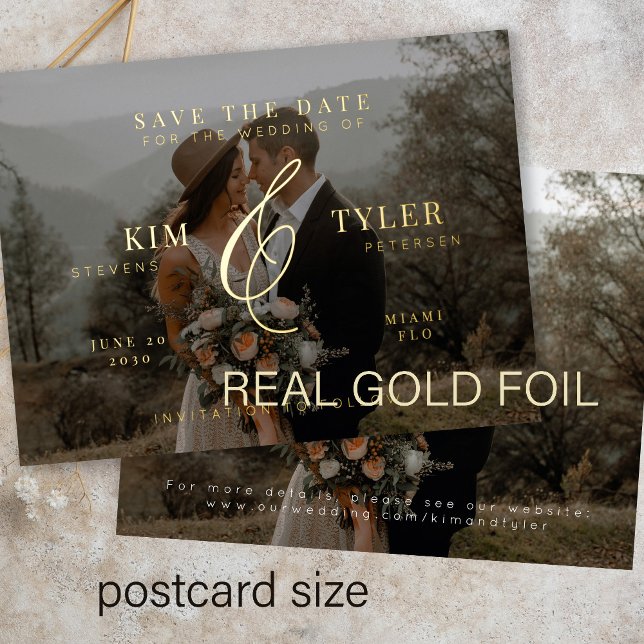 Modern elegant foil photo save the date postcard (You can choose the color of the foil GOLD, SILVER or ROSE GOLD)