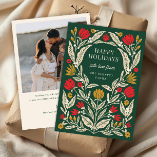 Modern Elegant Folk Floral Christmas Photo Holiday Card