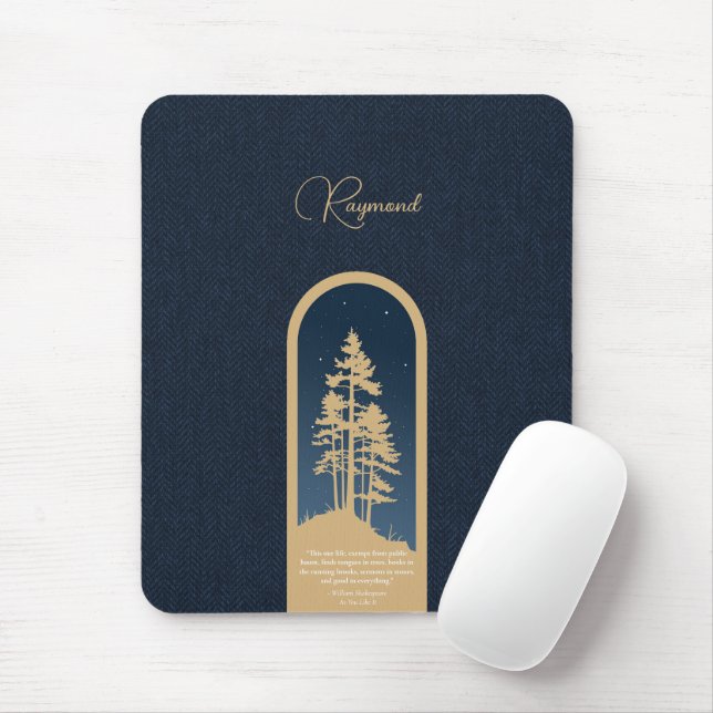 Modern Elegant Forest Gold Deep Blue Script Quote Mouse Pad (With Mouse)