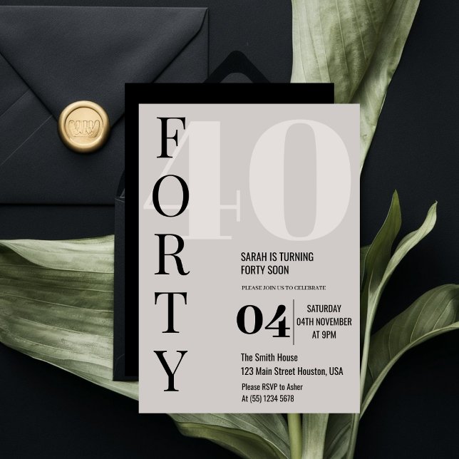Modern Elegant FORTY 40th Birthday Party Invitation (Creator Uploaded)