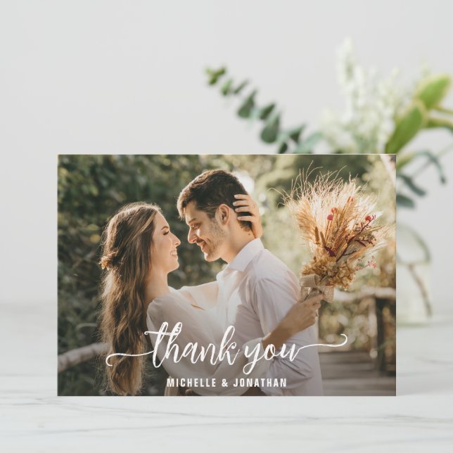 Modern Elegant Full Photo Script Wedding Thank You Card (Standing Front)