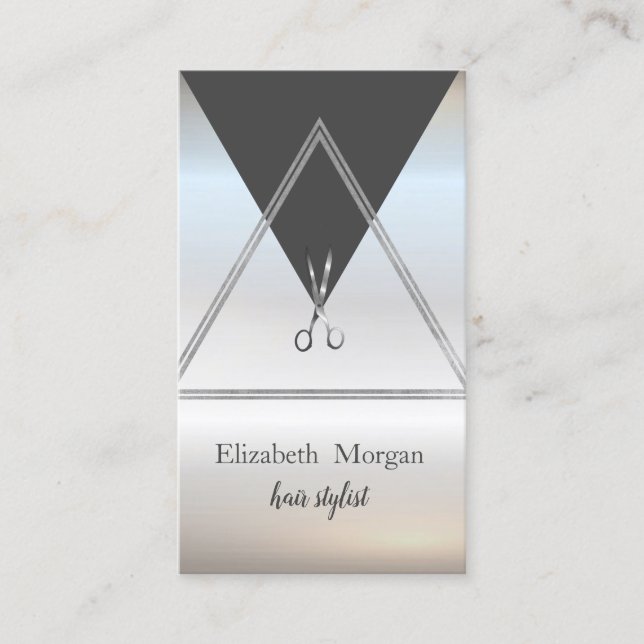 Modern Elegant Geometric Silver, Scissors Business Card (Front)