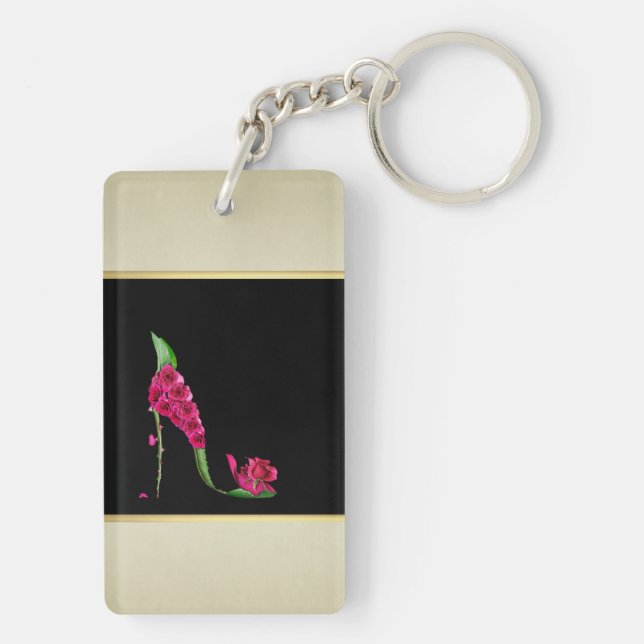Modern Elegant Girly, Black, Cream,Flower Heel Key Ring (Back)