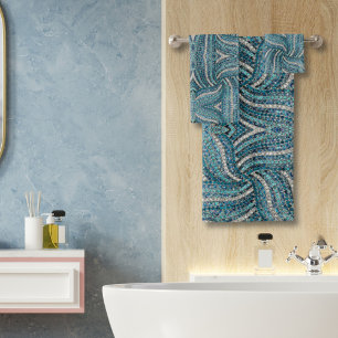 Modern Elegant Girly Silver Turquoise Blue Swirl Bath Towel Set