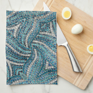 Modern  Elegant Girly Silver Turquoise Blue Swirl Tea Towel