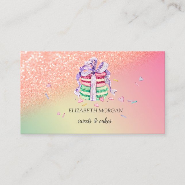 Modern Elegant Glitter Bokeh Ombre Macarons Business Card (Front)