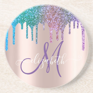 Modern Elegant Glitter Drips Rose Gold  Monogram  Coaster