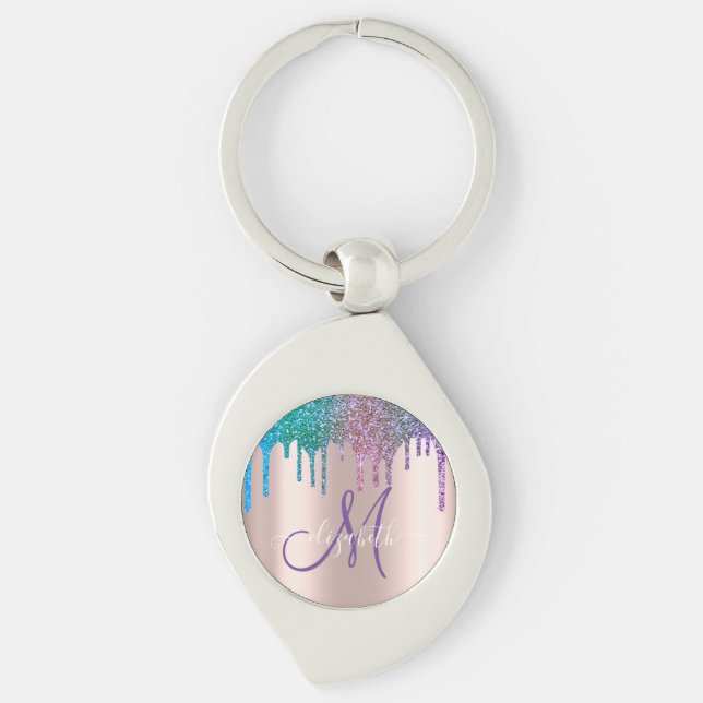 Modern Elegant Glitter Drips Rose Gold  Monogram   Key Ring (Front)