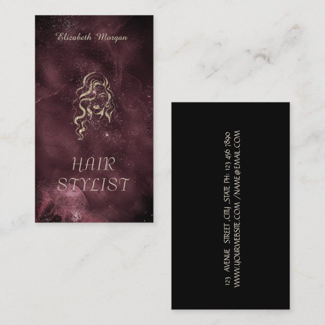 Modern Elegant Glitter Girl Hair Black Burgundy Business Card (Front/Back)