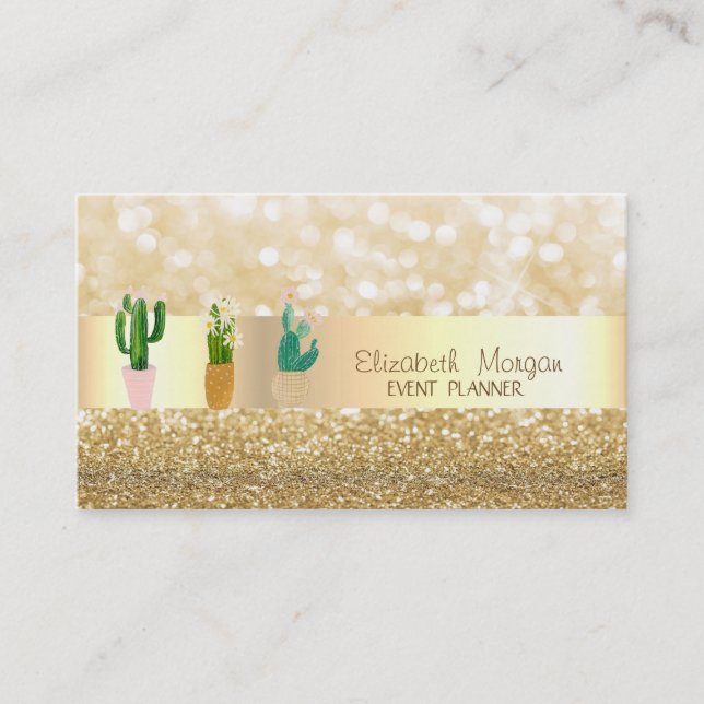 Modern Elegant Glittery,Bokeh,Cactus Plants Business Card (Front)