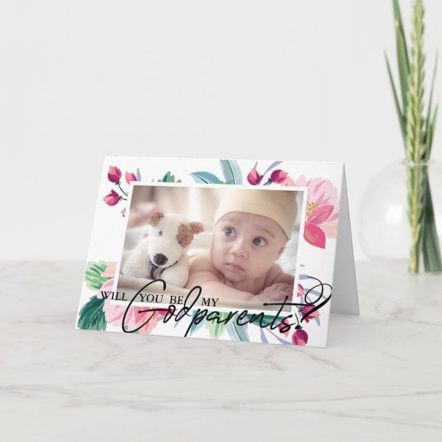 Modern Elegant Godparents Proposal Floral 2 Photo Card (Front)