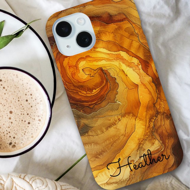 Modern Elegant Gold Amber Marble Personalised Name Case-Mate iPhone Case (Creator Uploaded)