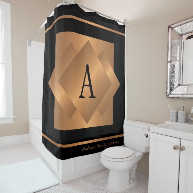 Modern elegant gold and black monogram trendy shower curtain (In Situ)