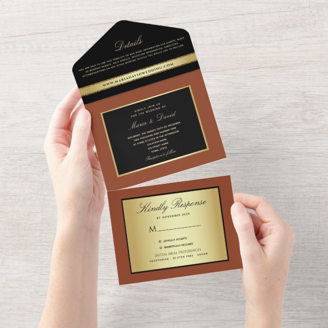 Modern Elegant Gold and Black Wedding All In One Invitation (Tearaway)