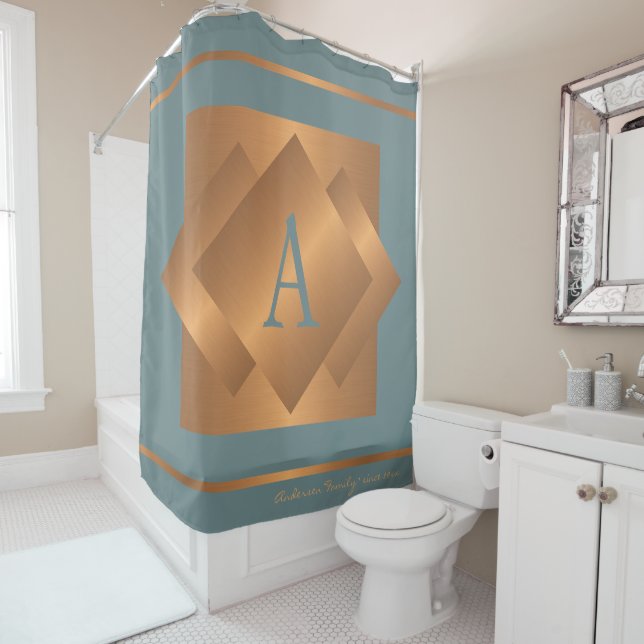 Modern elegant gold and blue monogram trendy shower curtain (In Situ)