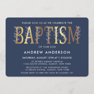 Modern Elegant Gold And Navy Blue Baptism Invitation