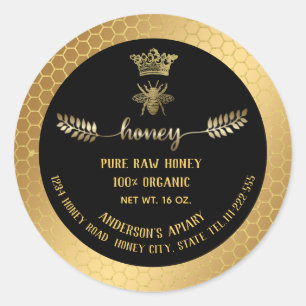 Modern elegant gold bee crown honey comb honey jar classic round sticker