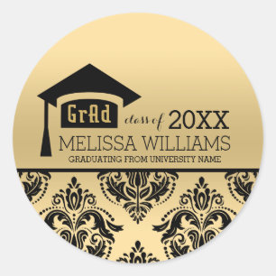 Modern Elegant Gold & Black Damask 2016 Graduation Classic Round Sticker