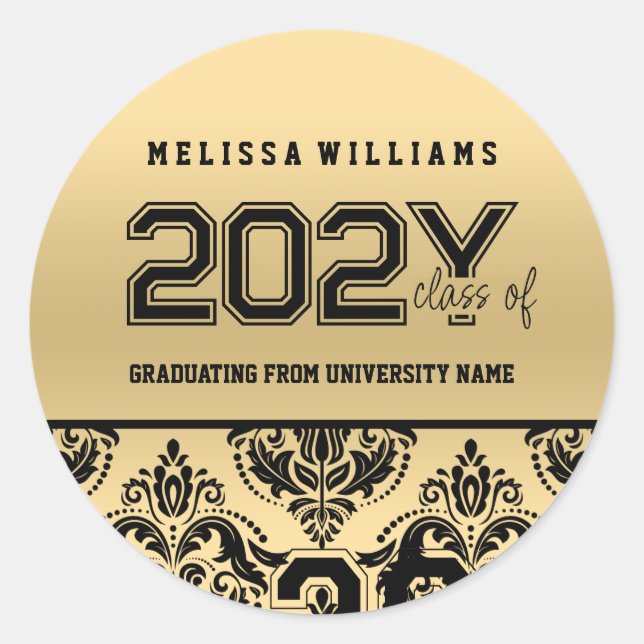 Modern Elegant Gold & Black Damask Class Of 2016 Classic Round Sticker (Front)