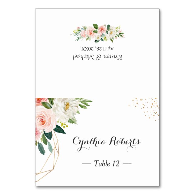 Modern Elegant Gold Blush Pink Floral Place Card (Front)