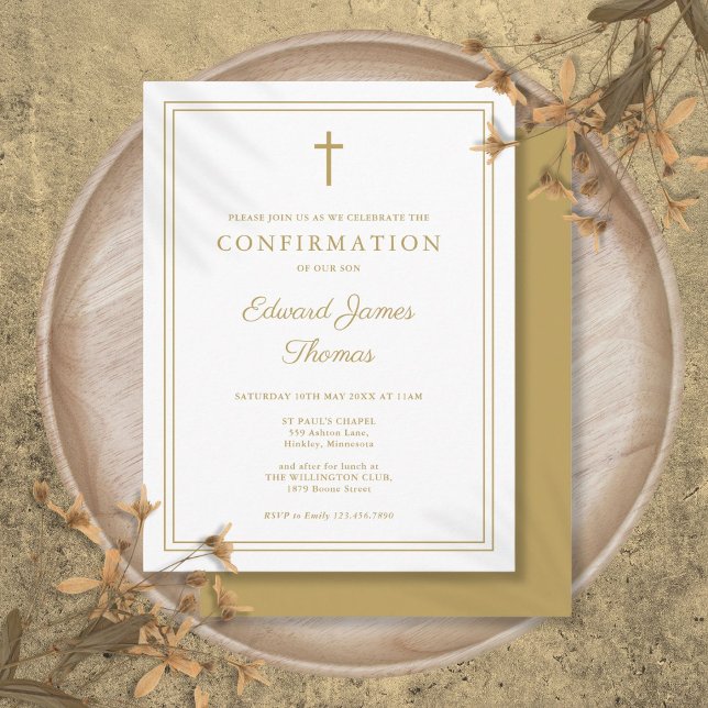 Modern Elegant Gold Border Confirmation Invitation Postcard (Modern Elegant Gold Border Confirmation Invitation Postcard)